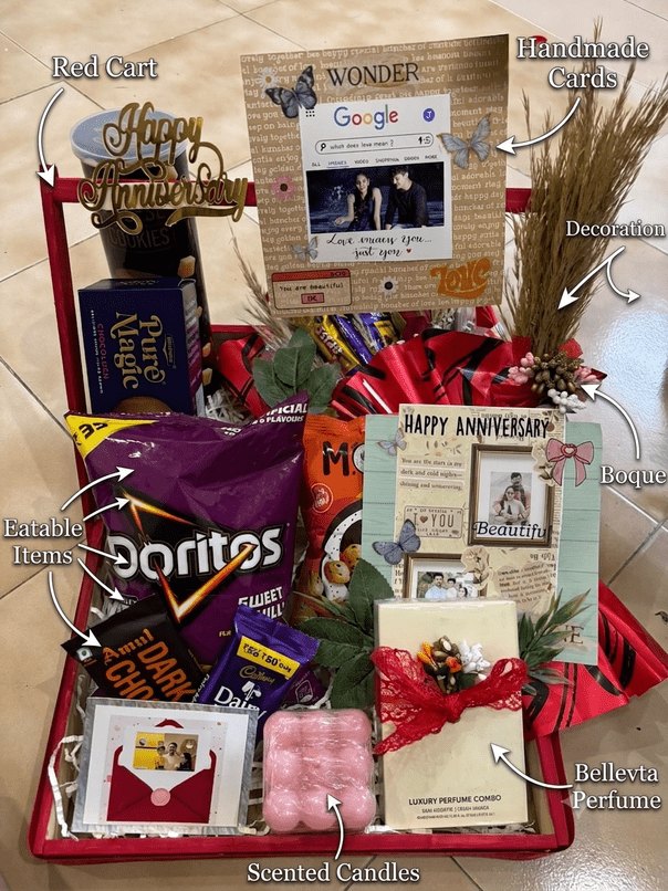 Anniversary hamper with handmade cards, snacks and perfume