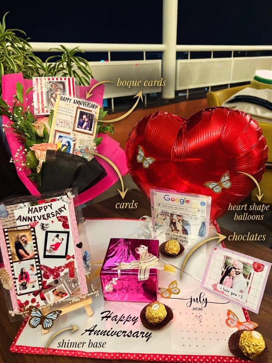 Anniversary gifting set with cards, bouquet and heart balloon