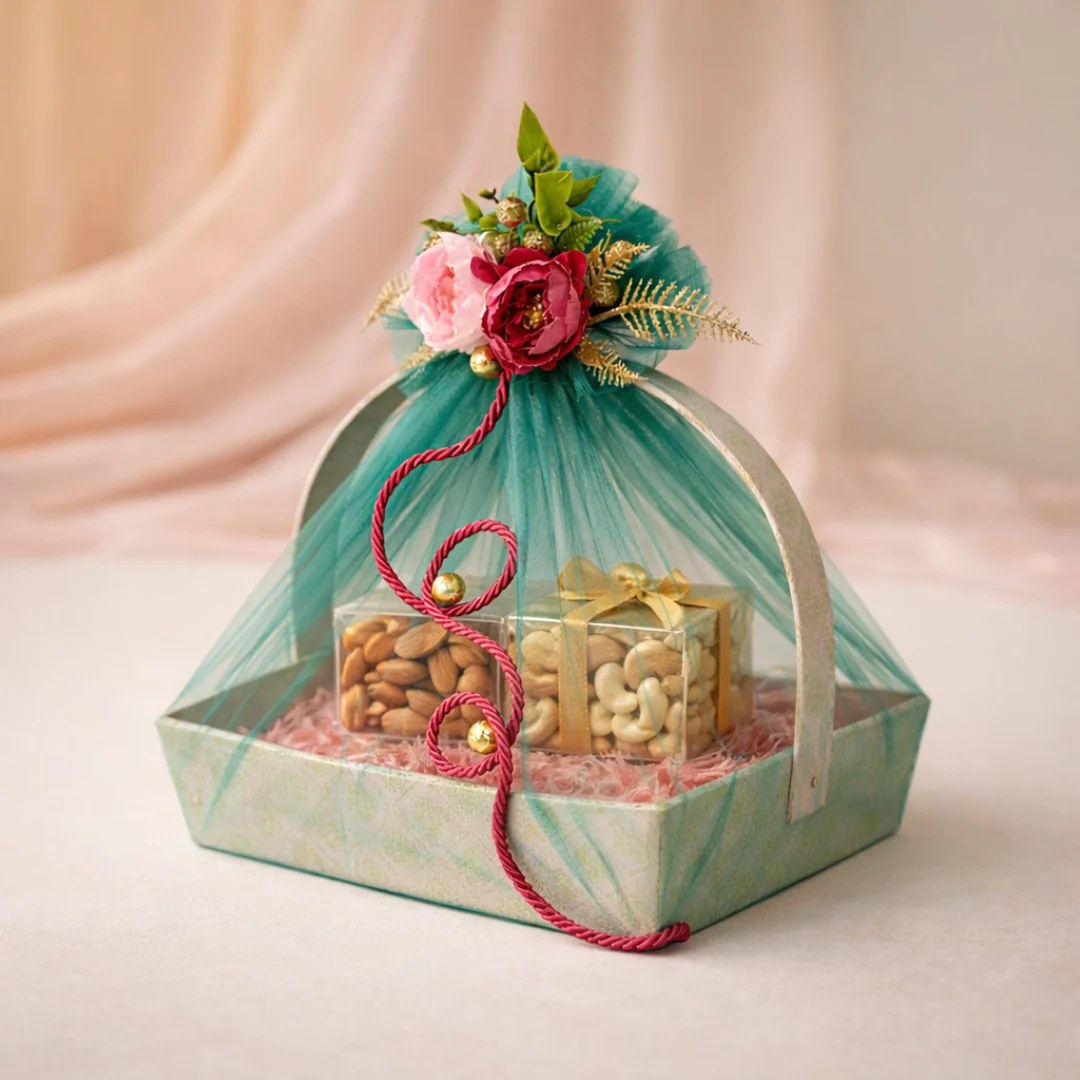 Teal tulle dry-fruit gifting basket with flowers