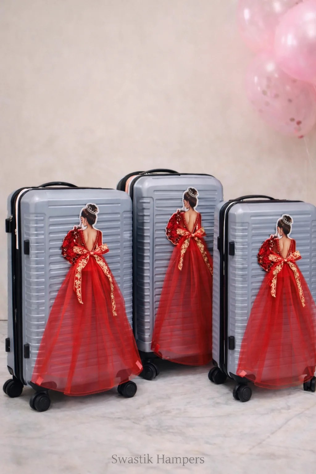 Bridal trolley bags decorated with illustrated brides