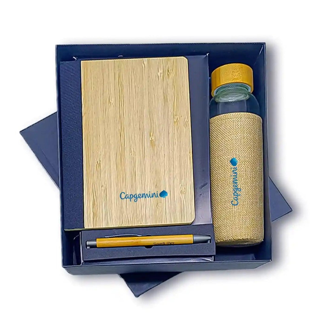 Corporate gift set with bamboo diary, bottle and pen