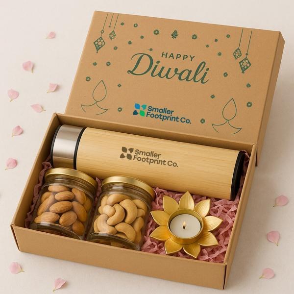 Diwali gift box with flask, dry fruits and diya