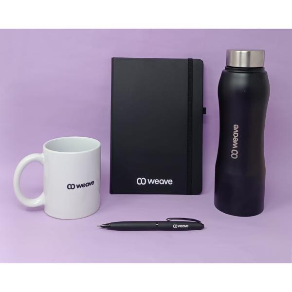 Branded mug, notebook, bottle and pen