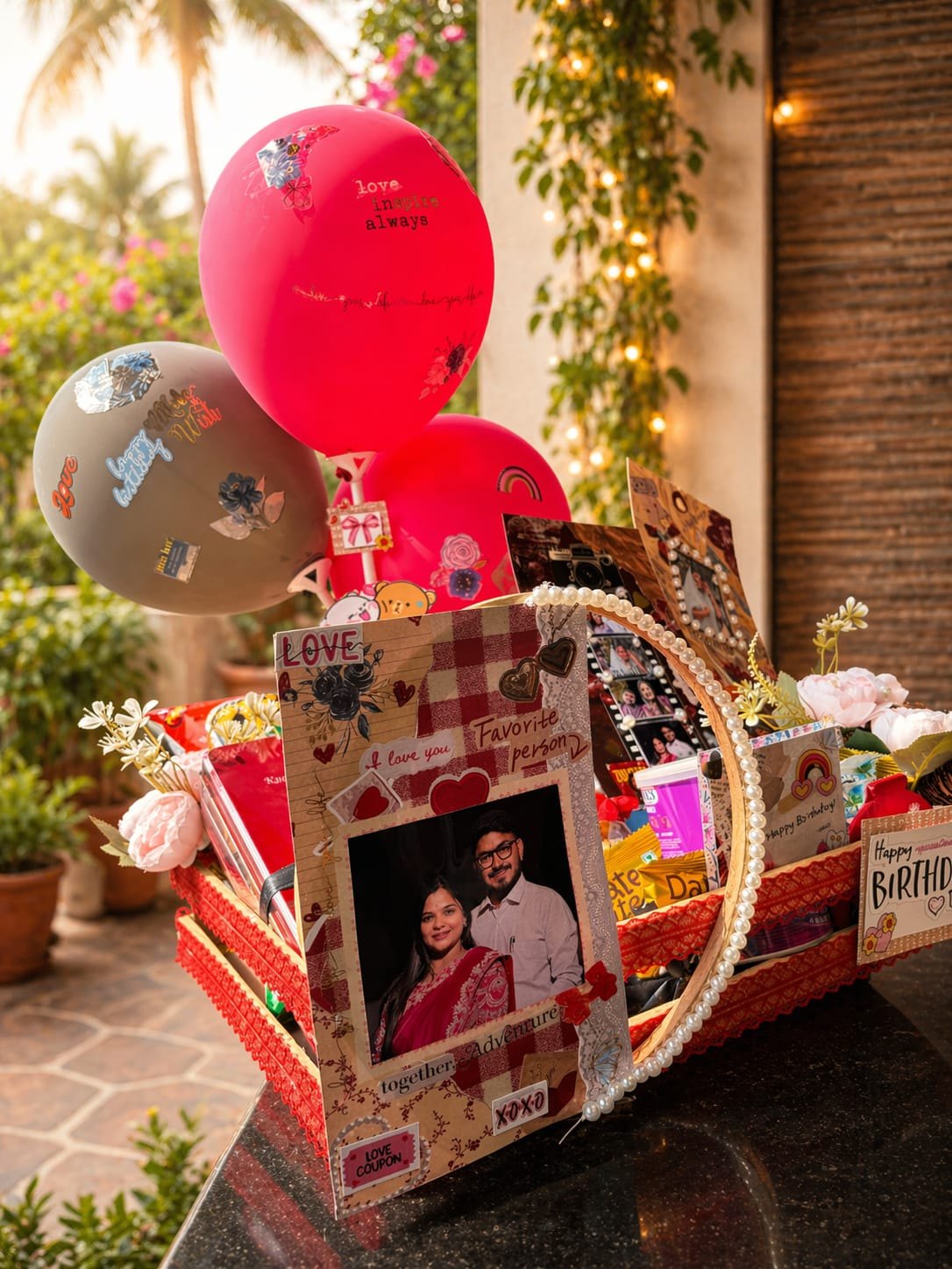 Birthday gift basket with balloons
