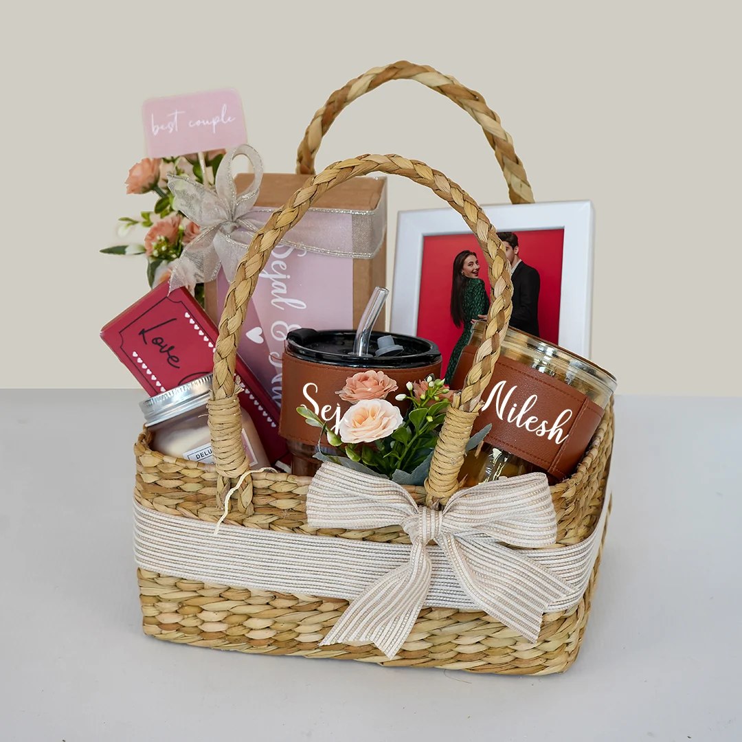 Personalised couple hamper with name-engraved tumbler and photo frame