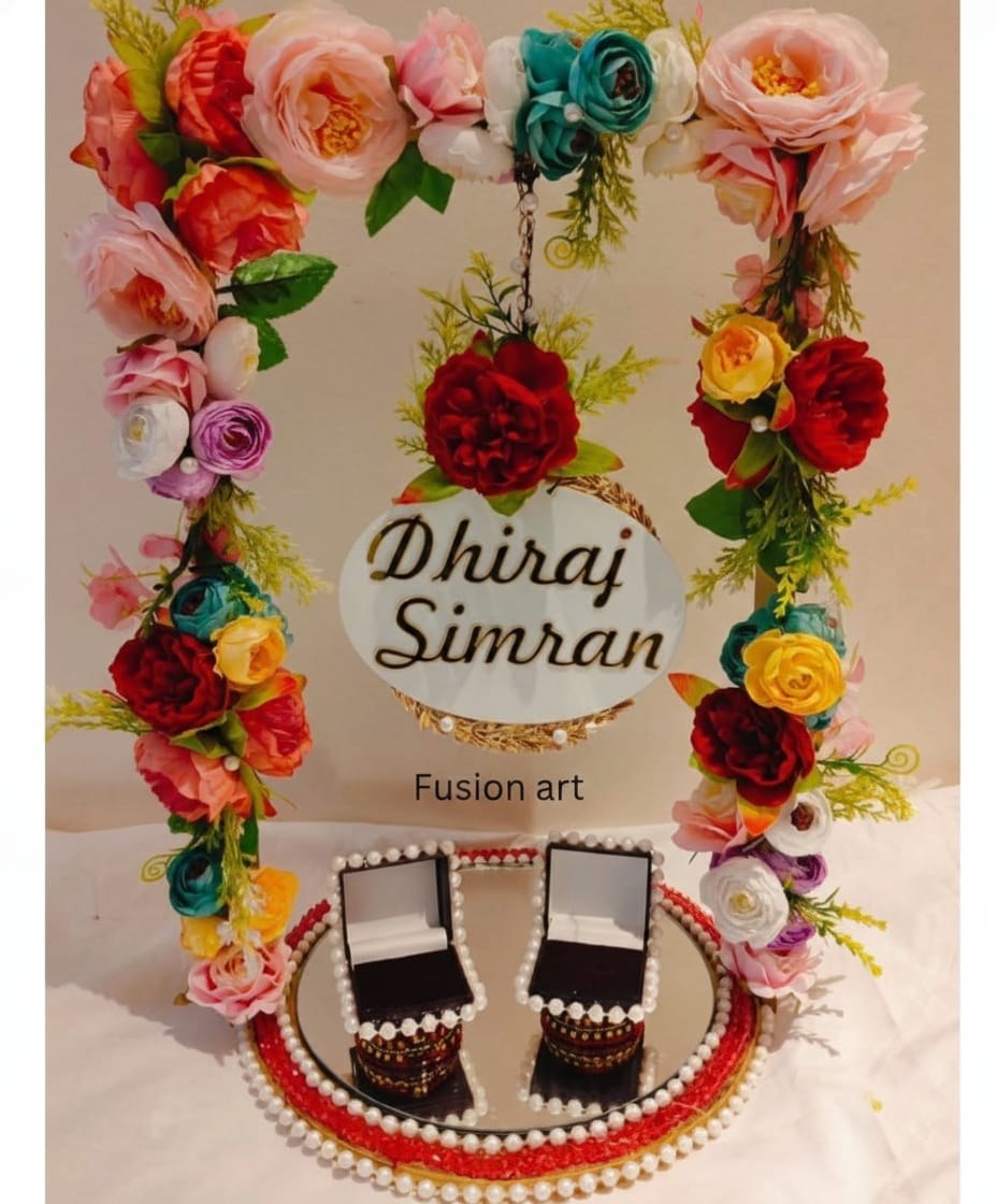 Floral swing ring platter with name plate and two ring boxes