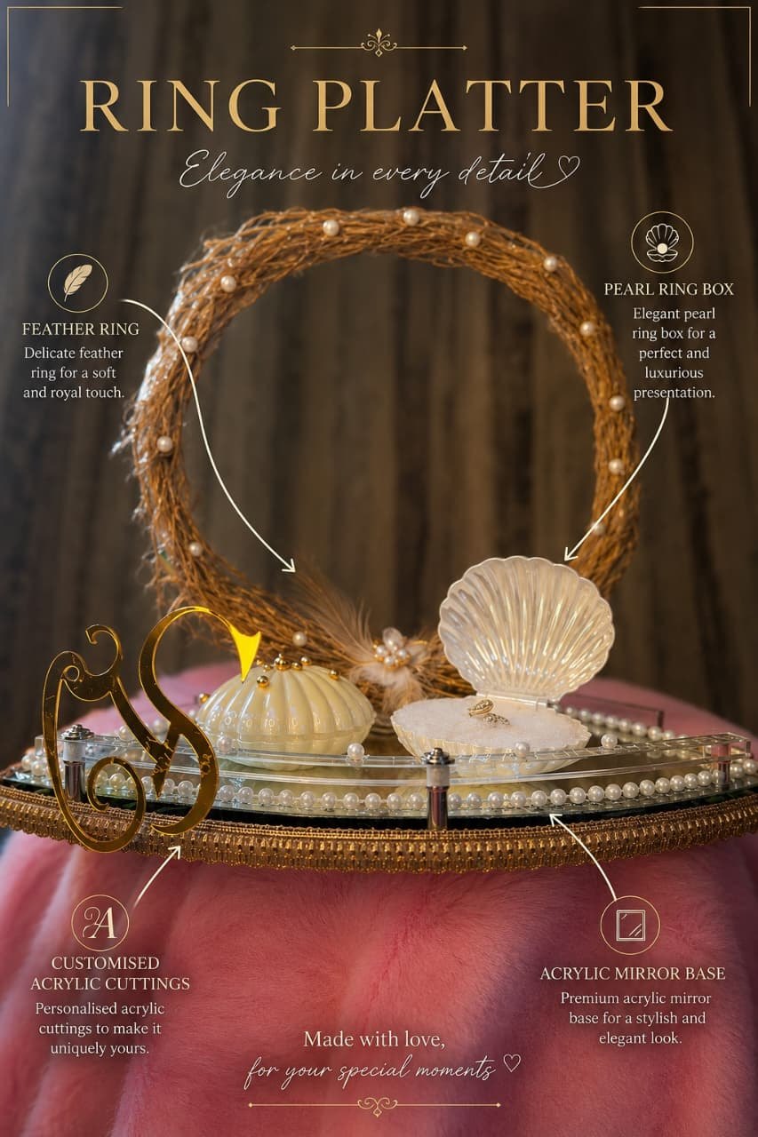 Ring platter with feather ring, pearl shell box and acrylic mirror base