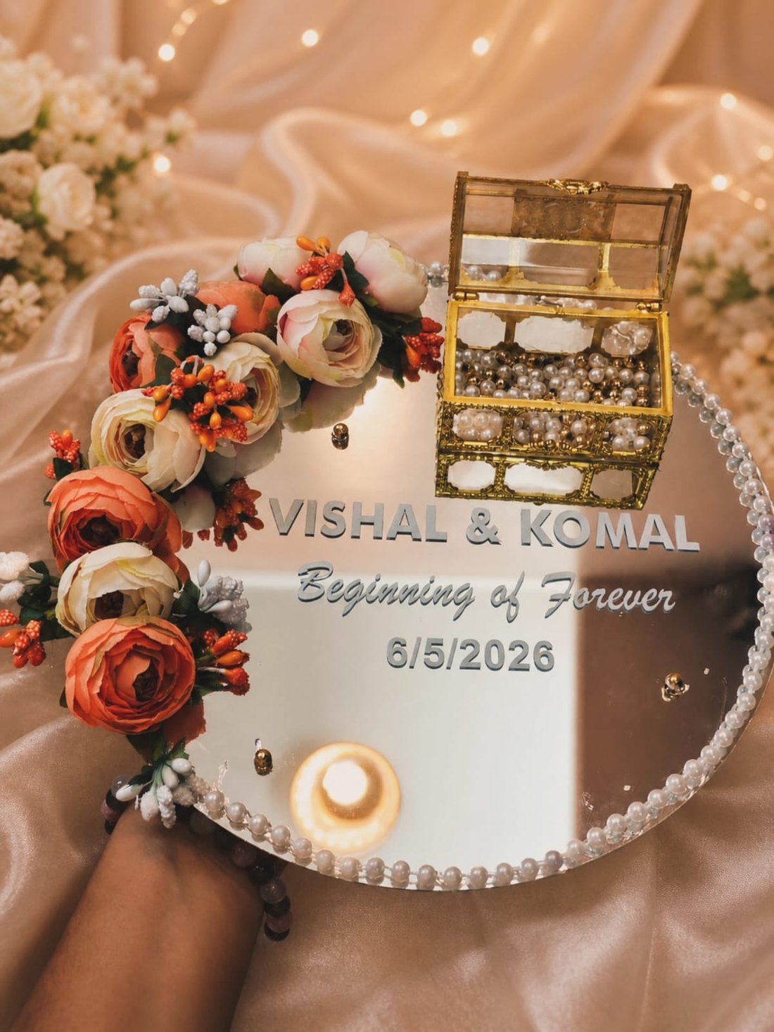 Personalised mirror ring platter with flowers and pearls