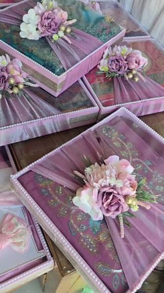 Lilac trousseau packing trays with pearls and flowers